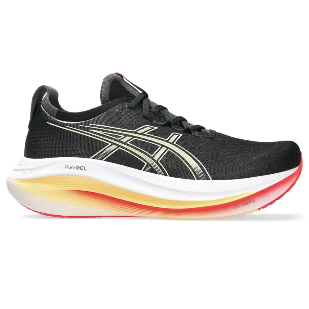 Tênis de corrida masculino Asics Gel Nimbus 27 preto visto de perfil mostrando design e sola